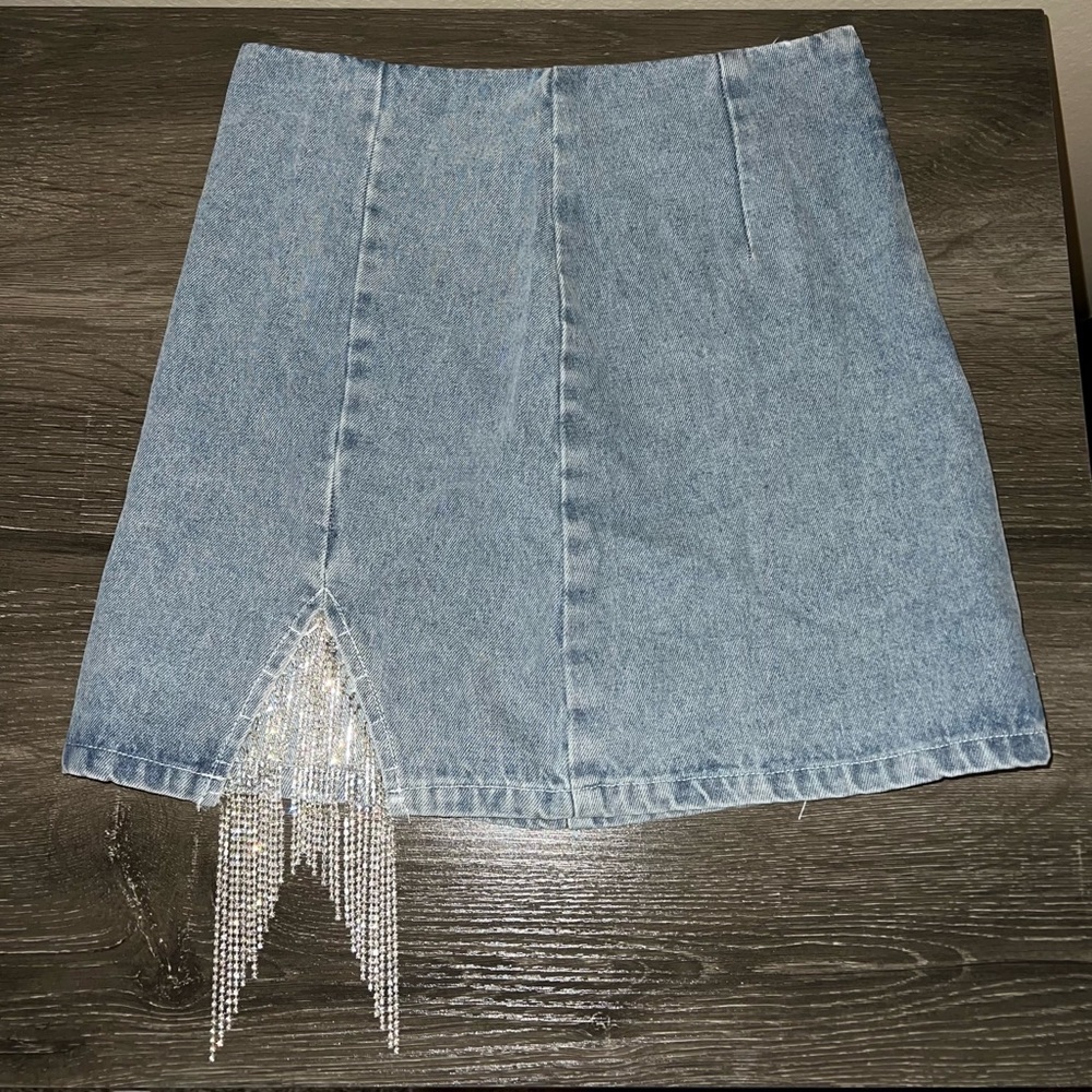 Lane 201 Jean skirt with diamond fringe